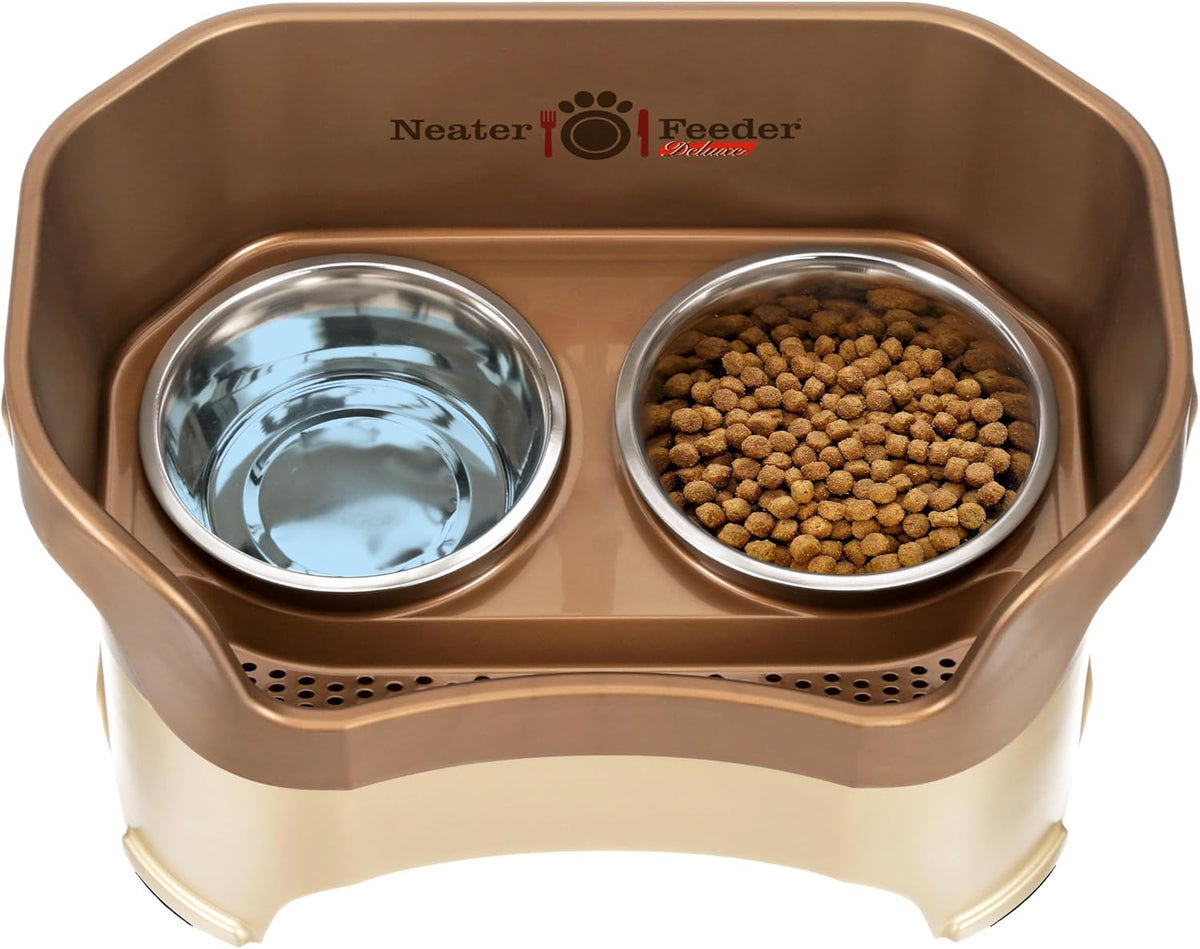 Neater Pet Brands Neater Feeder Deluxe Mess Proof Dog Bowls Elevated for Large Dogs Over 40 lbs, Made in USA, No Spill Raised Dog Food Bowl Stand Feeding Station, Food and Water Bowl Set, Bronze 