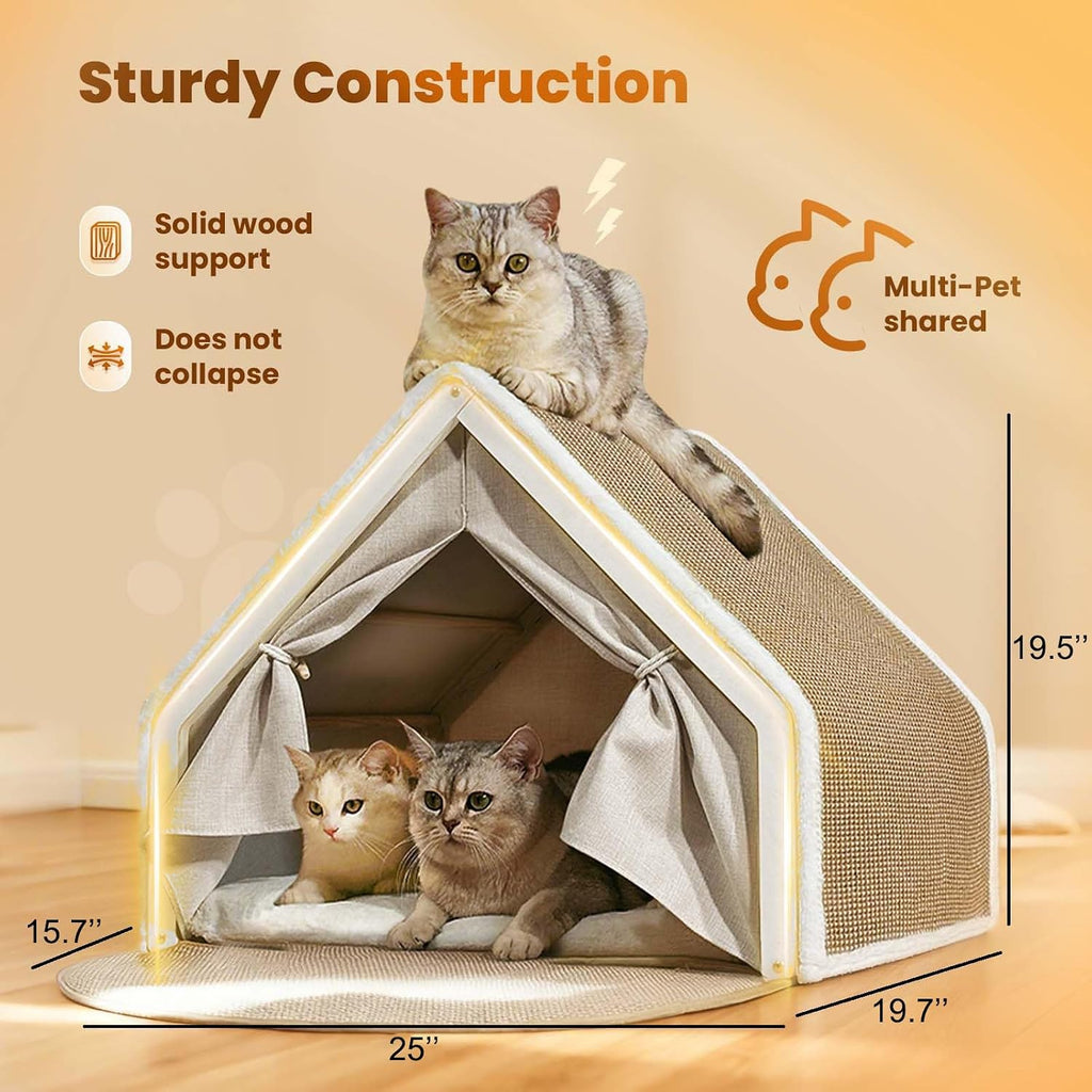 Cat Houses for Indoor Cats - Large Cat Bed Cave with Natural Sisal Cat Scratcher Mat, Solid Wood Frame Cat House with Curtains and Cat Floor Scratching Pad Rug, Protect Couch and Carpets, L