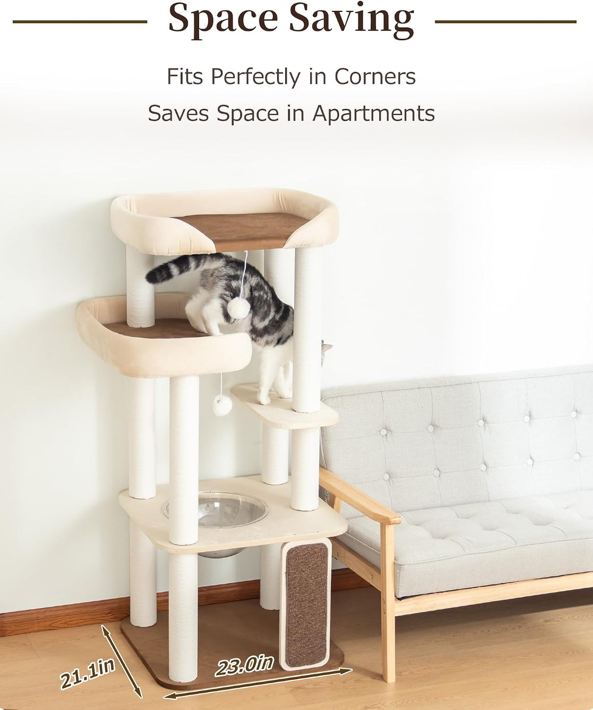 53" Cat Tree Tower for Large Cats, Large Perch & Sisal Board