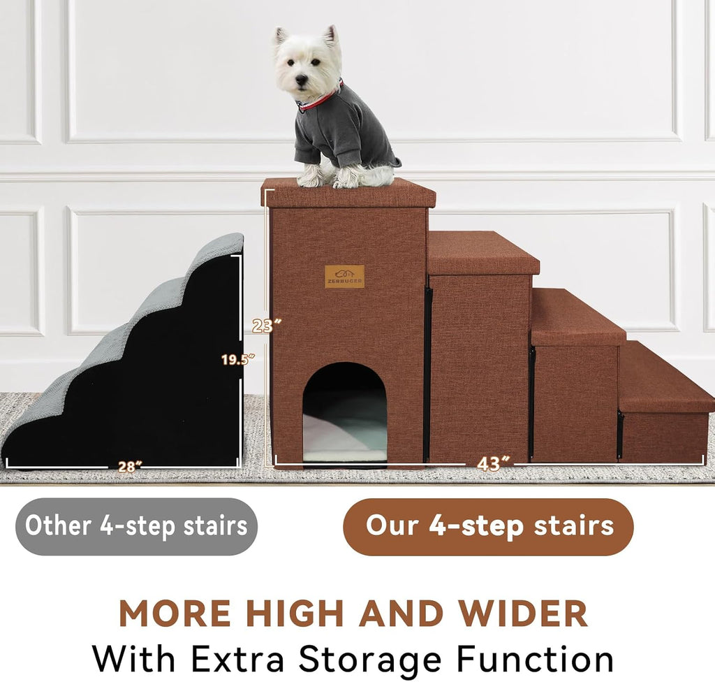 Zerbuger Dog Stairs with Storage, Brown 4 Steps Dog Ramp with Condo for Bed