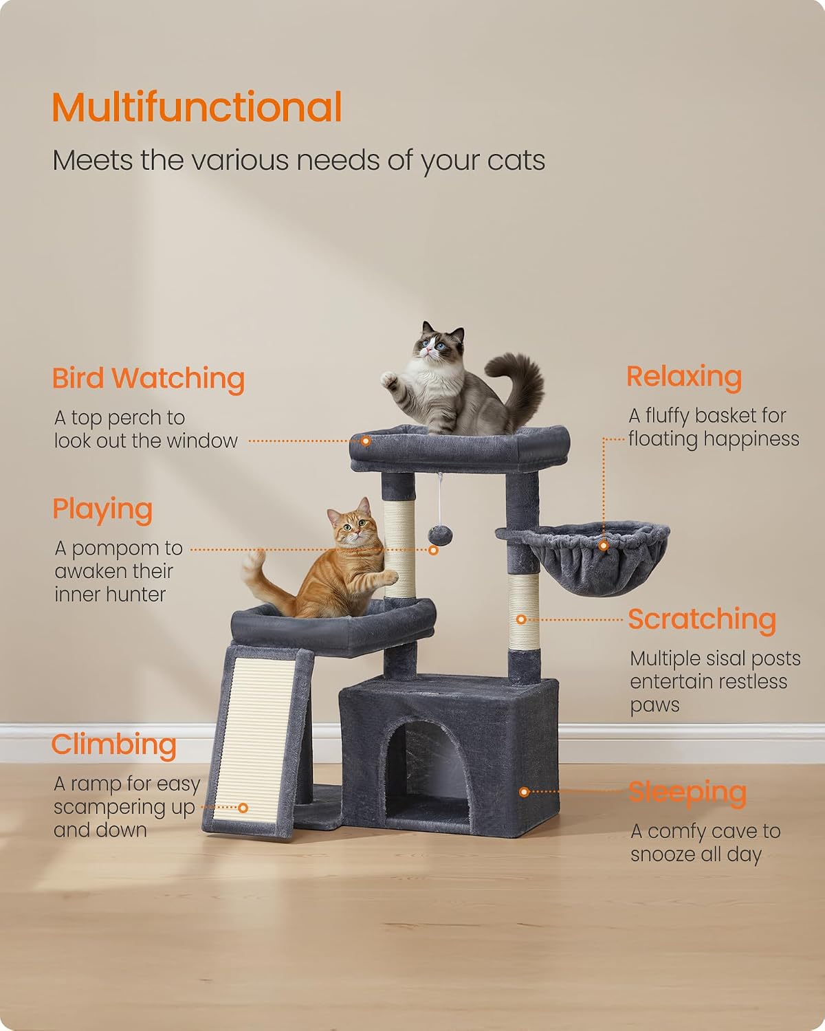 Feandrea Cat Tree, 33.8" Cat Tower, Scratching Posts and Ramp, Dark Gray