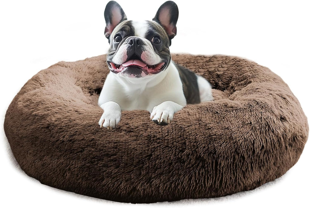JOLLYVOGUE Calming Dog Bed for Small Dogs - 23 inches Donut Washable Small Dog Bed for Kittens & Puppies, Anti-Slip Round Fluffy Plush Faux Fur Cat Beds (Fits up to 25 lbs Pets, Coffee)