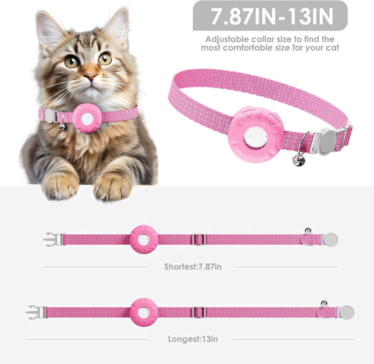 Cat Tracker, GPS Tracker Compatible with Apple Find My App(Only iOS),Cat Tracker Collar with Bell and Safety Elastic Buckle,No Monthly Fee,Territory & Location History,Pink