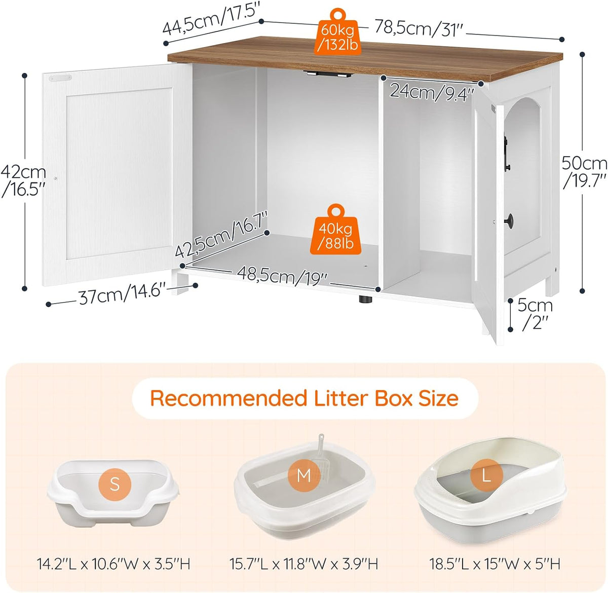 HOOBRO Litter Box Enclosure, Cat Litter Box Furniture with Removable Divider, Hidden Litter Box Furniture, Wooden Cat House, End Side Table, 31" L x 17.5" W x 19.7" H, White and Walnut WH03MW01G2