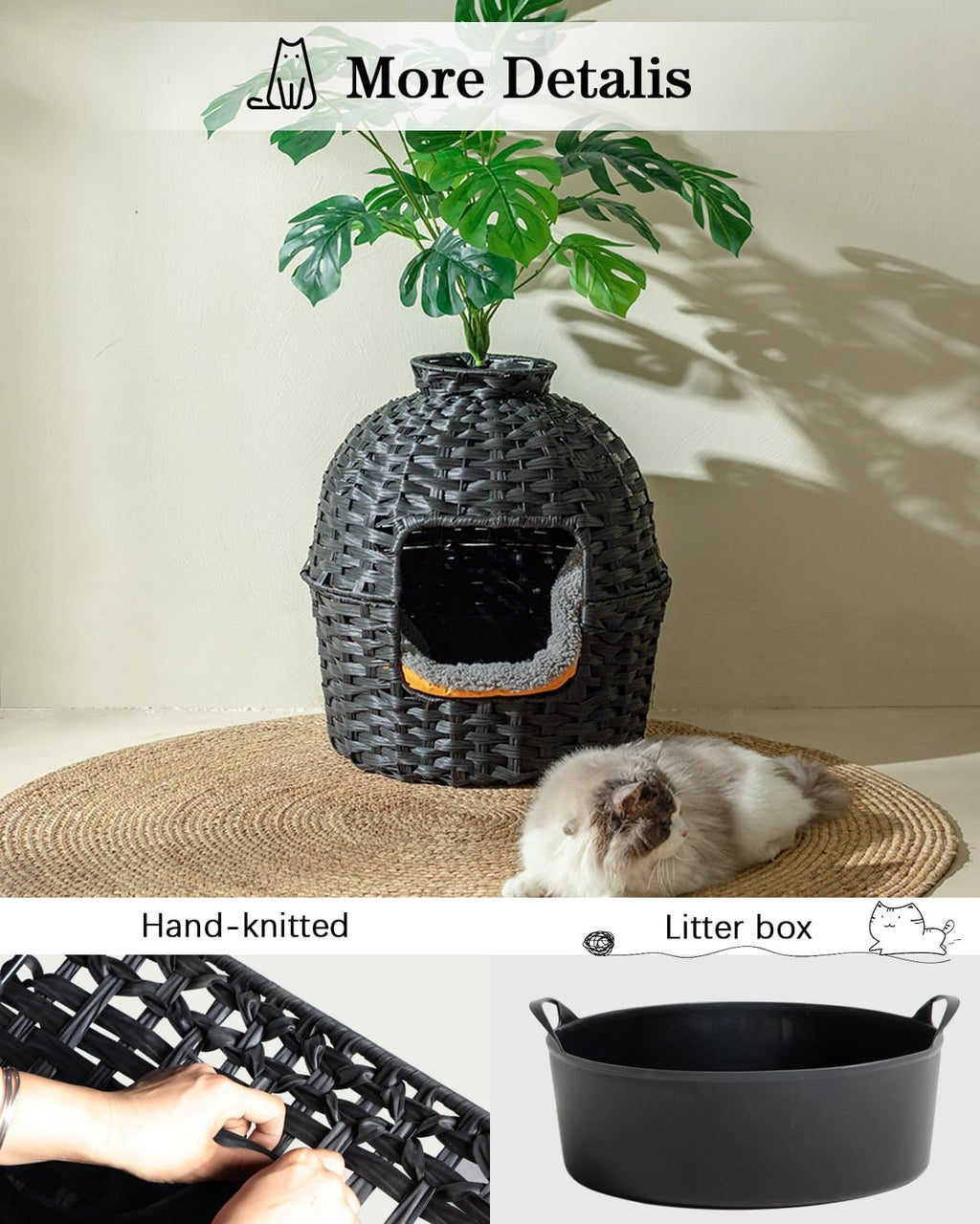 SETVSON Cat Litter Box Plant Furniture Enclosure, PE Rattan House, Black
