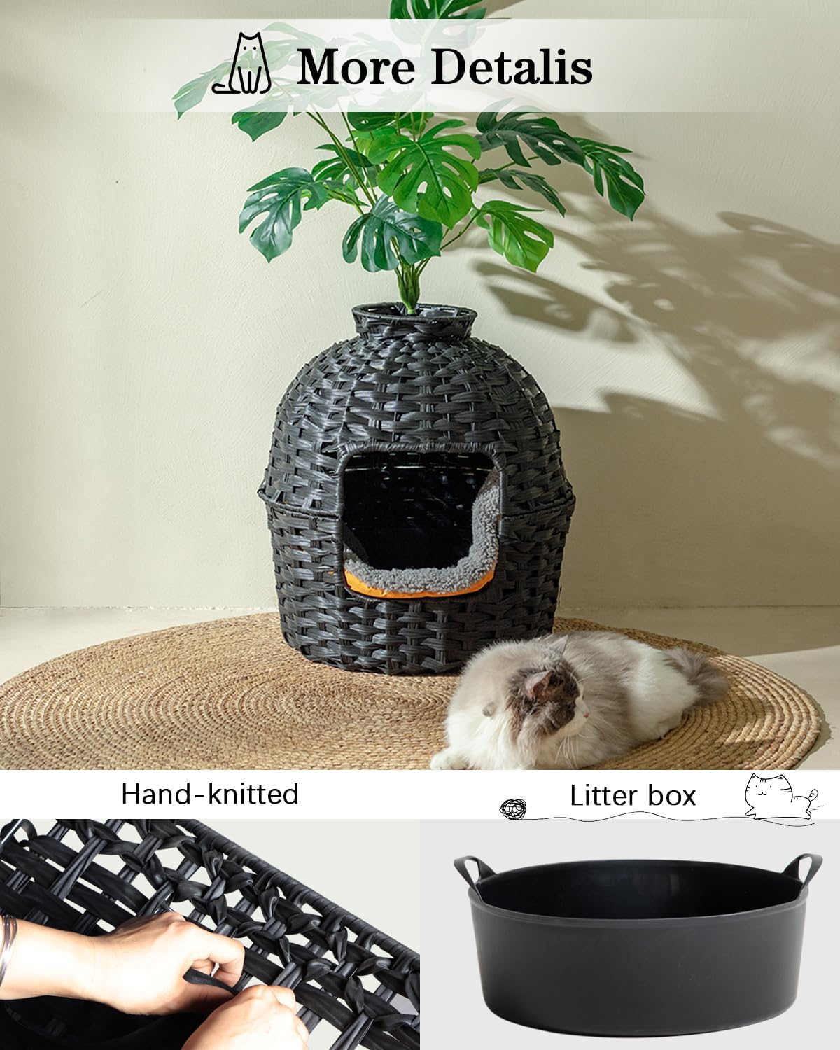 SETVSON Cat Litter Box Plant Furniture Enclosure, PE Rattan House, Black