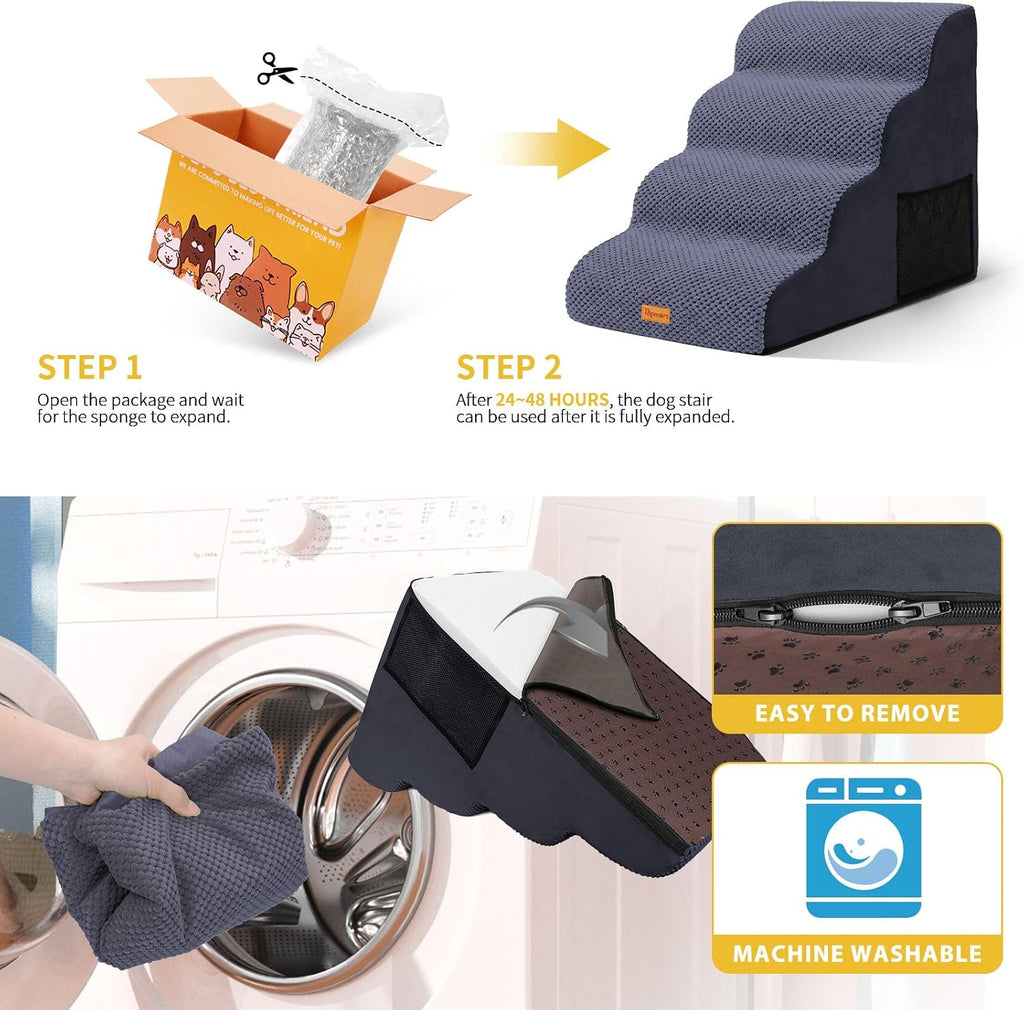 4-Step Dog Stairs for Small Dogs, Non-Slip Foam Pet Steps for High Beds