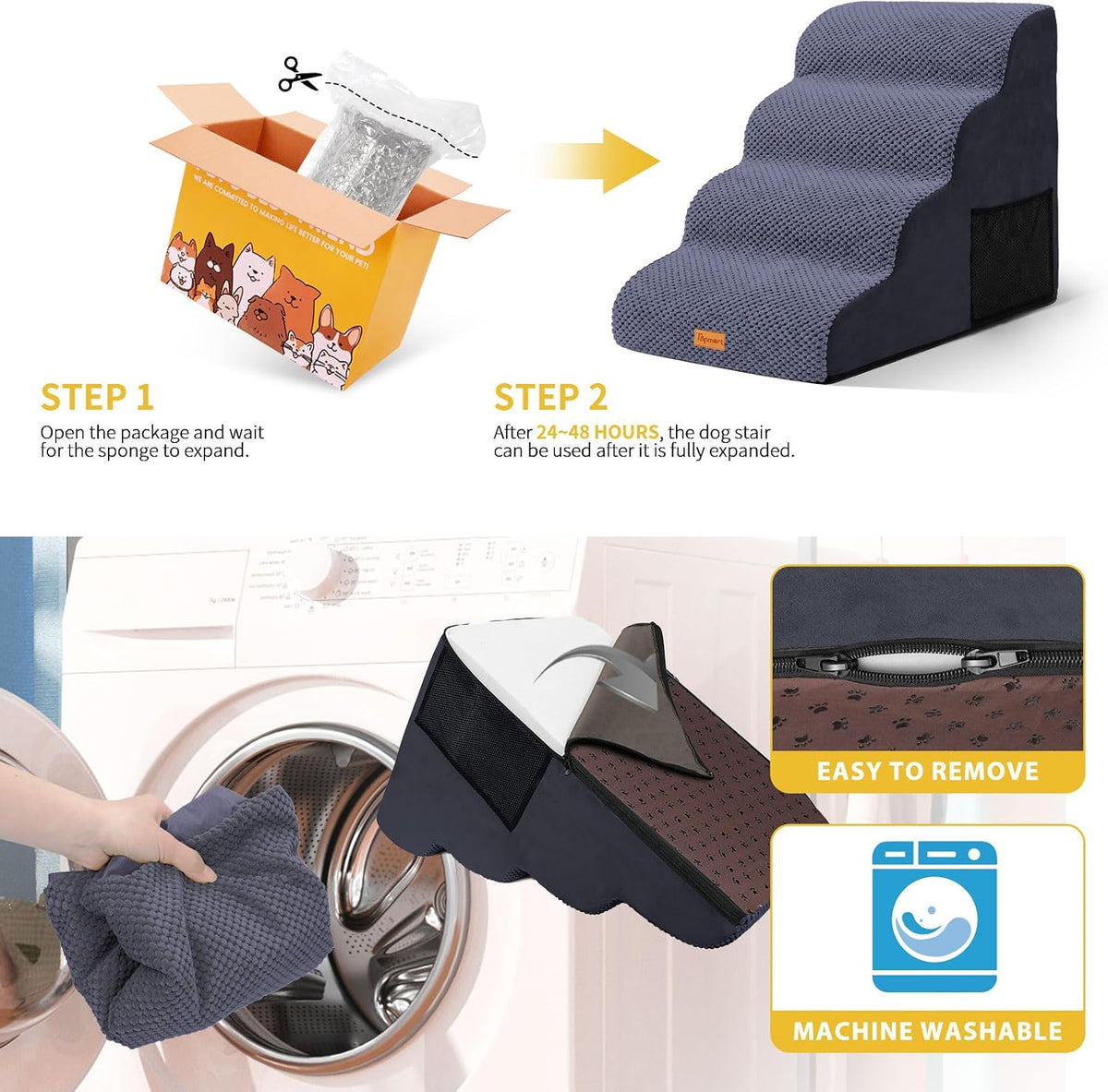 4-Step Dog Stairs for Small Dogs, Non-Slip Foam Pet Steps for High Beds