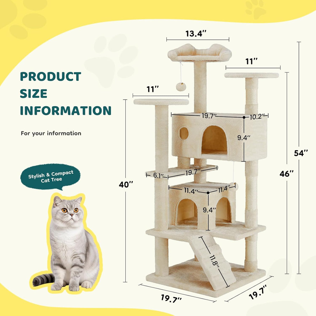 54 Inch Cat Tree Tower with Sisal Scratching Post, Multi-Level