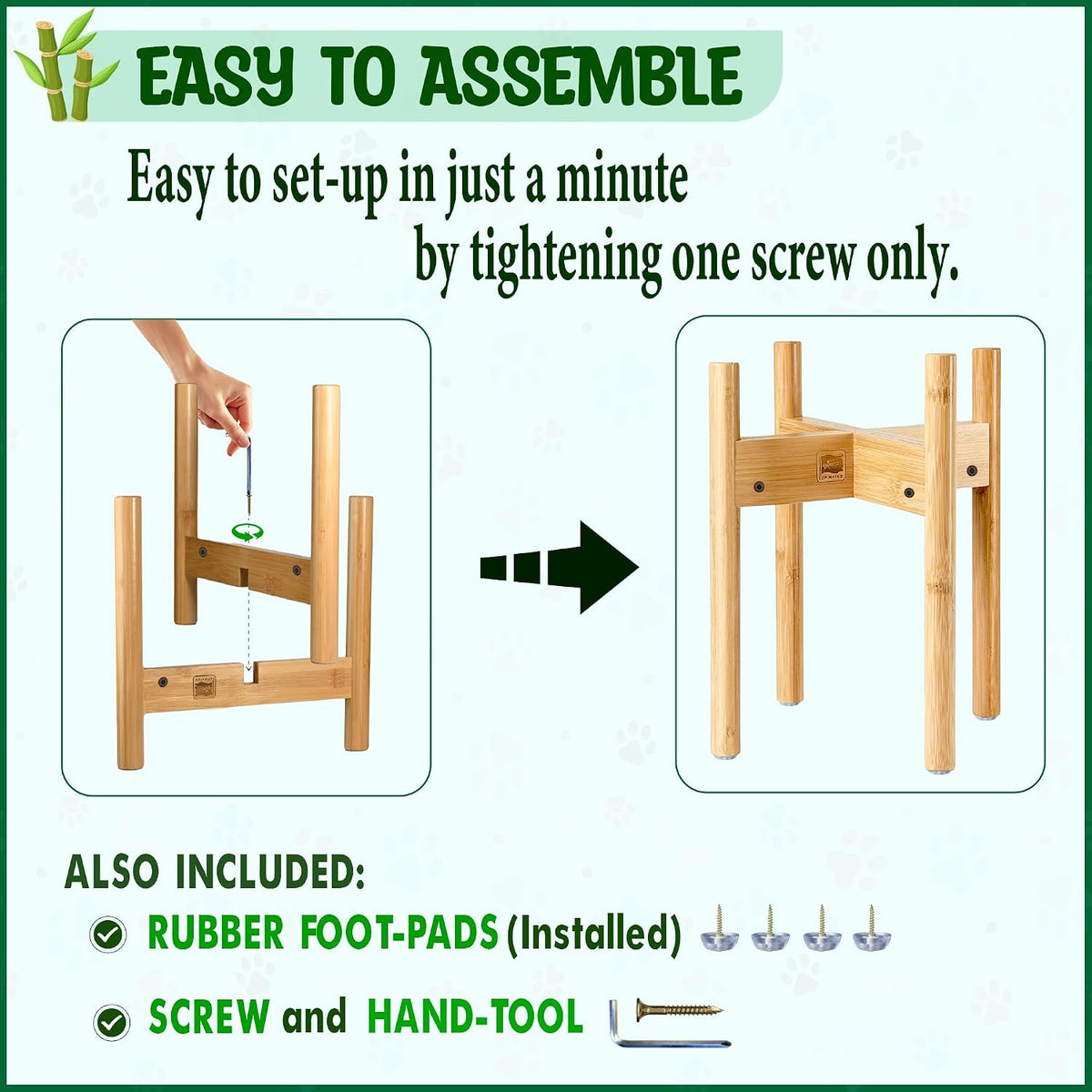 Dog Bowl Stand for Large Dogs - Adjustable, Easy Fold-Down | Use to Elevate Raise Dog Food, Water and Slow Feeder Bowls, Lock-Bolts and Tool Added, Foot-Padded, Bamboo Stand Only 