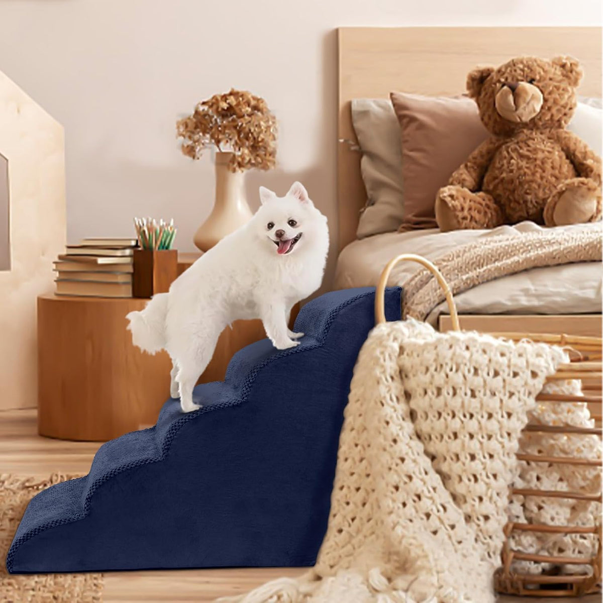 5 Steps Dog Stairs for Bed, 24" Dog Steps for High Bed, High Density Pet Steps for Small Dogs, Extra Wide Non-Slip Dogs Ramp for Injured, Older Pets, Small Cats, Navy