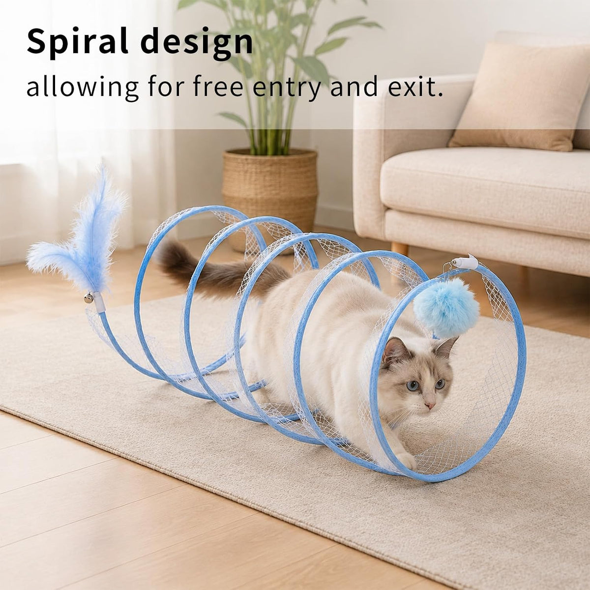 TOYMIS 2pcs Folded Cat Tunnel Spring (Striped Orange and Blue)