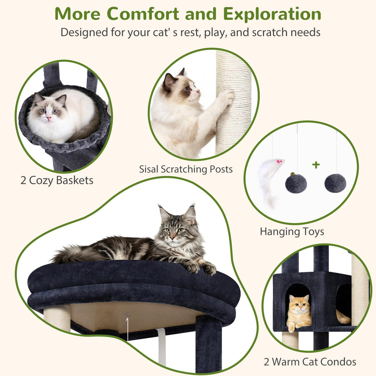 Globlazer C64 Heavy Duty Corner Cat Tree, 64in Large Cat Tower, Dark Grey