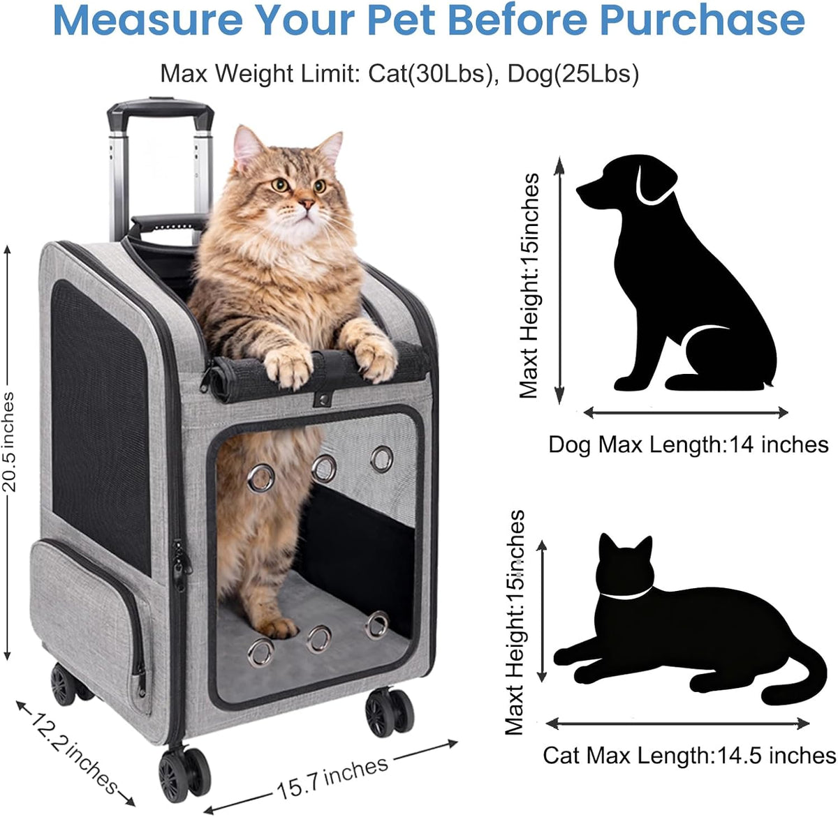 Extra Large Cat Backpack Carrier with Wheels for Cats Under 30 Lbs