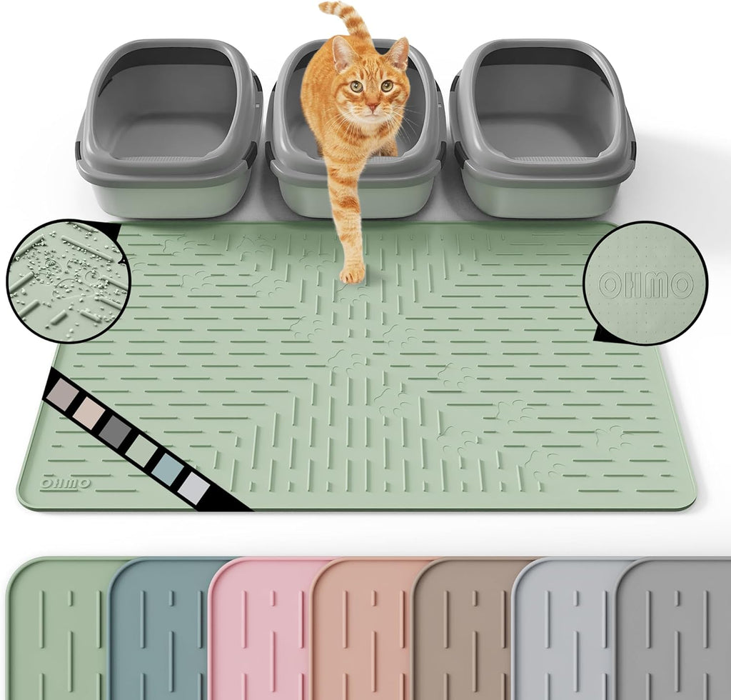 OHMO XL Cat Litter Mat, 37.5x25.2 Silicone Trapping Mat Sage Green | for Kitty Litter Box, Easy Clean, BPA Free Rubber, Center Litter Collection, Easy Pour-Back, Waterproof, Odor-Resistant