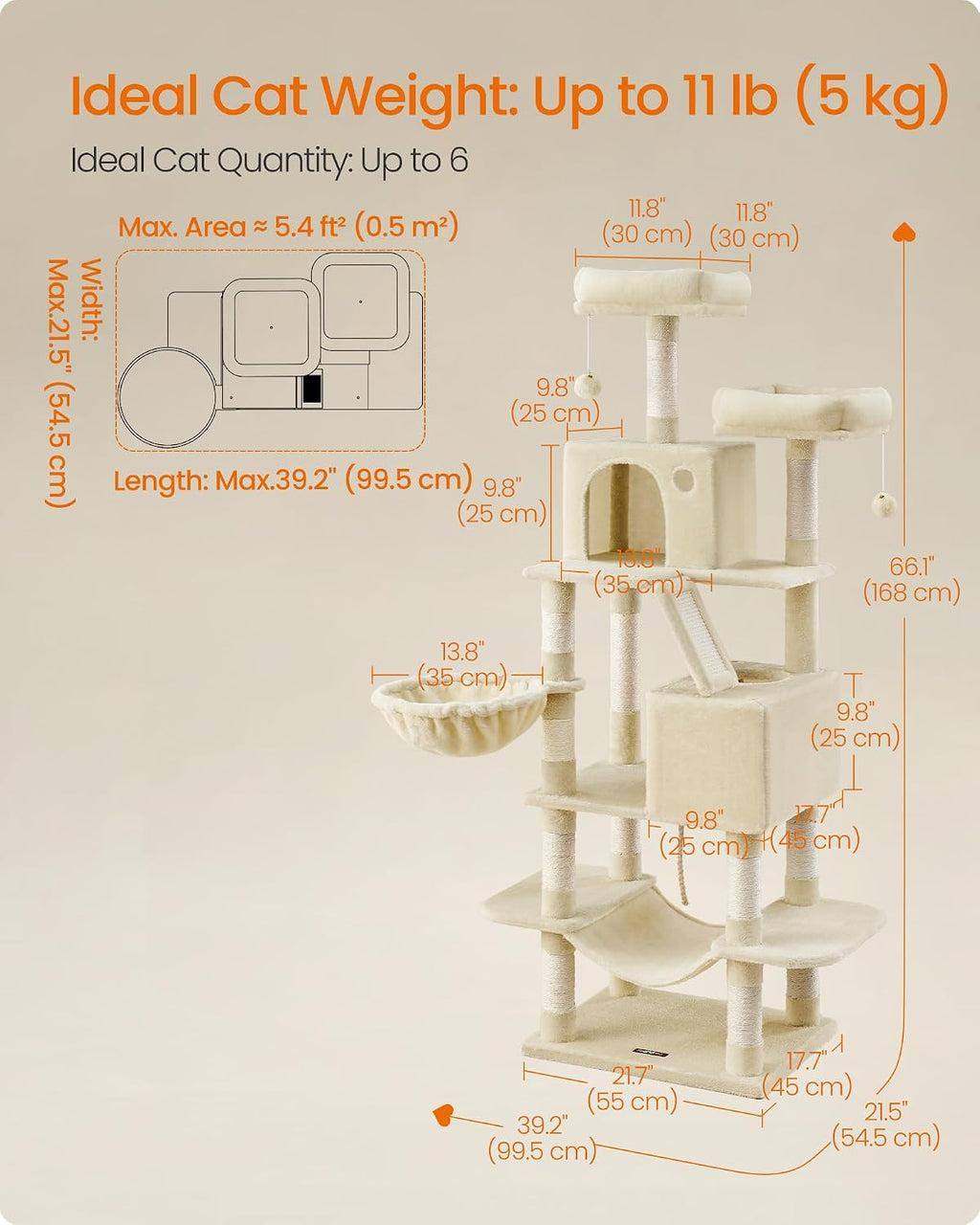 Feandrea Cat Tree, 66.1-Inch Large Cat Tower, Multi-Level Condo, Beige