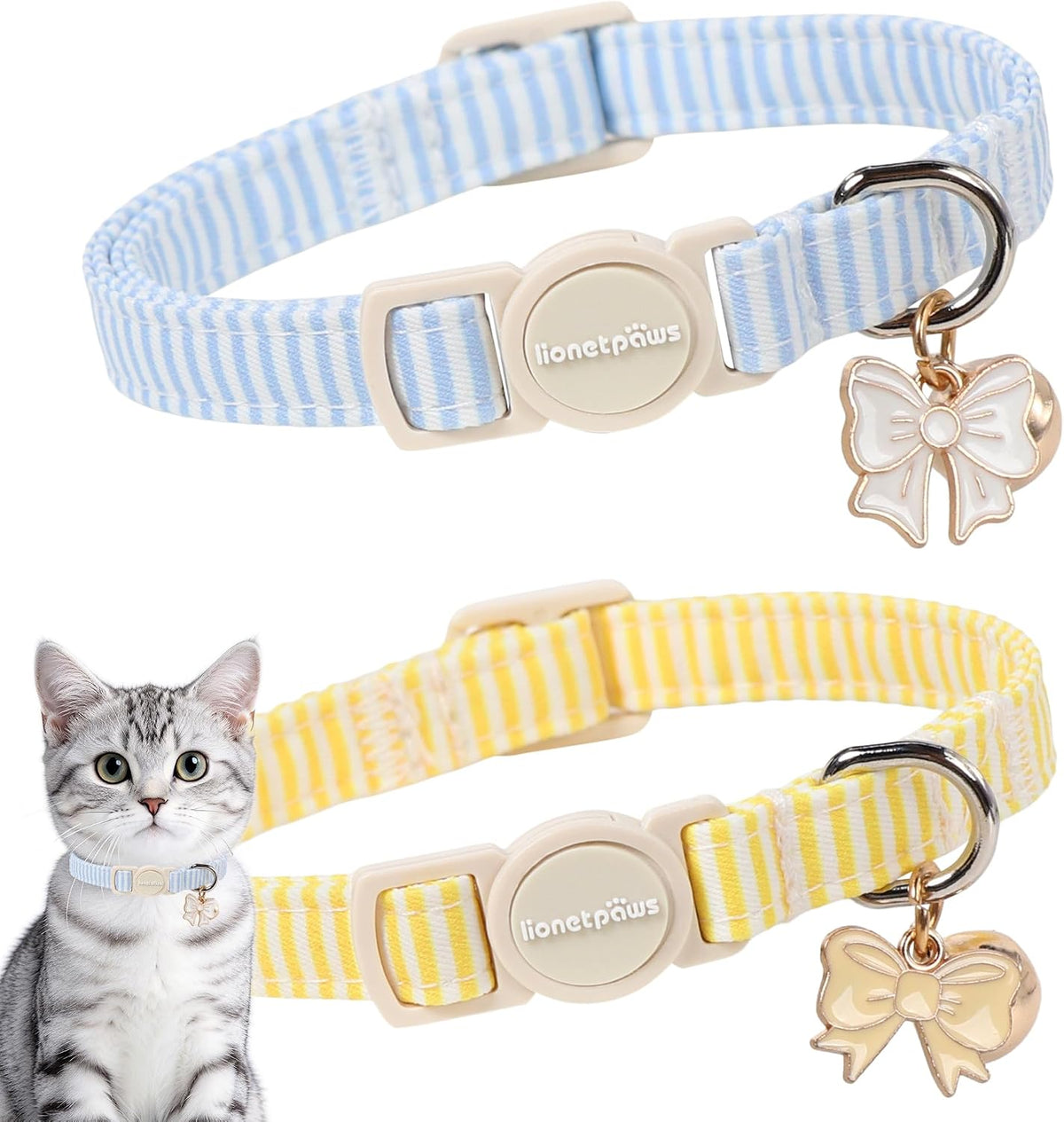 lionet paws 2 Pack Cat Collar Breakaway with Bells-Blue & Yellow Stripe