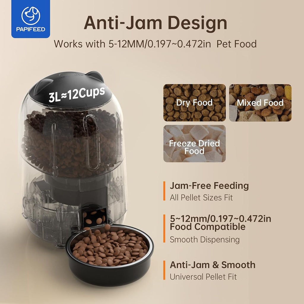 PAPIFEED Automatic Cat Feeder with App, WiFi Auto Cat Feeder, 3L Slow-Feed Cat Food Dispenser for Dry Food, Dual Power Supply Timed Pet Feeder for Small Dog, 10 Meals/Day, 6 Portions/Meal, Black
