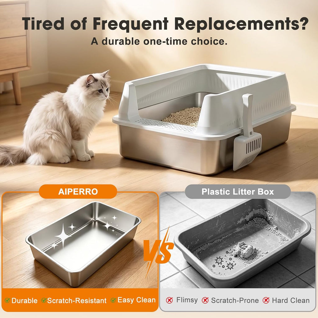 AIPERRO Stainless Steel Litter Box with Lid, XL High Sided for Large Cats