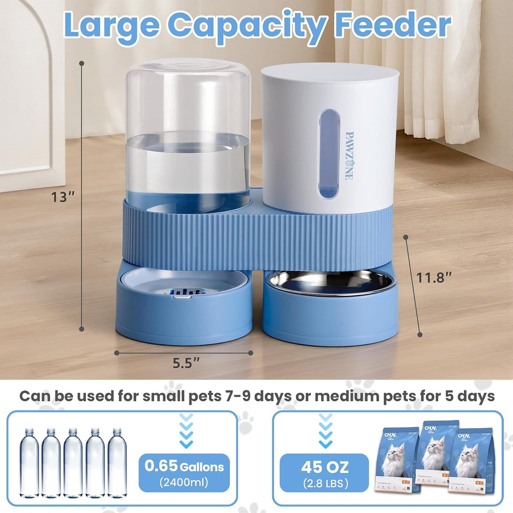 Automatic Cat Feeder Stainless Steel Water Dispenser Gravity Food Feeder and Waterer Set with Pet Food Bowl for Small Medium Kitten Puppy Pets Large Capacity(Blue)