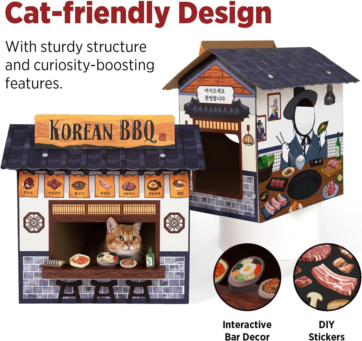SMILE PAWS Cat Beds for Indoor Cats, Cardboard Cat House with Scratchers, Korean BBQ, Large Sturdy Cat Furniture Condo Cave Tent, Easy to Assemble Pet Toys Accessories Stuffs, Bunny Small Animals