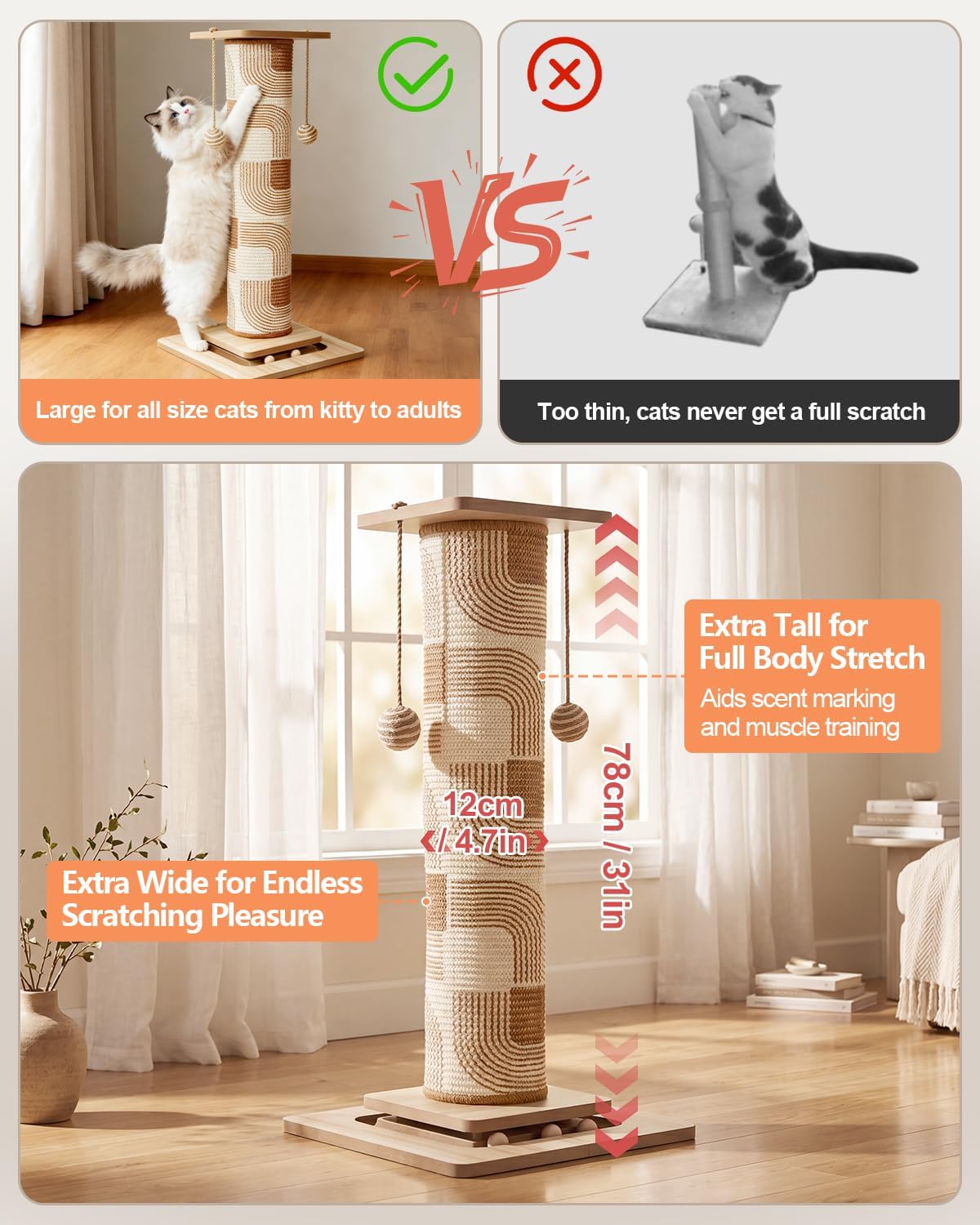 Odoland 31" Tall Large Cat Scratching Post with Replaceable Scratcher Pad