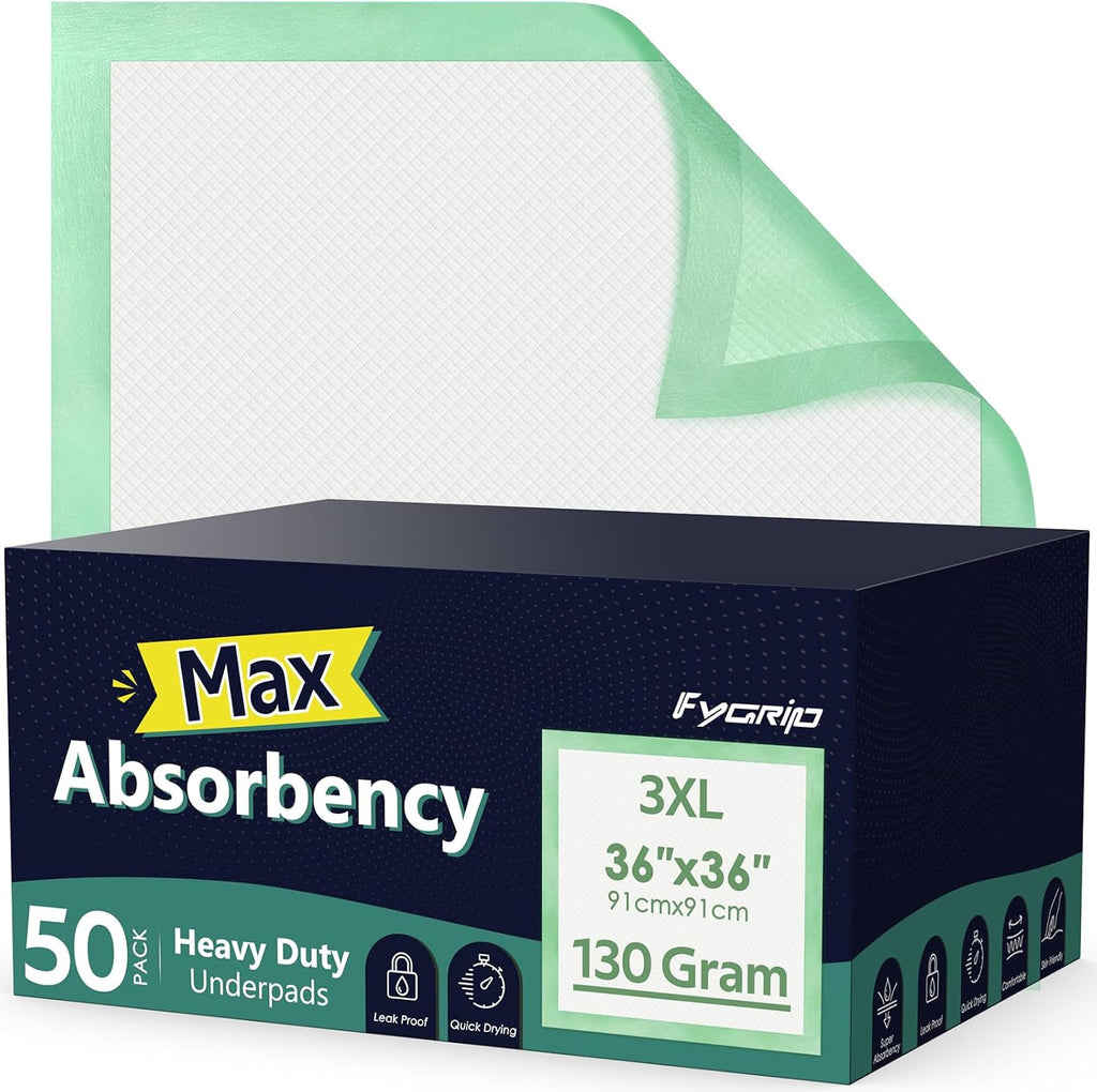 50 Ct Hospital Grade 130 Gram 36” x 36” Max Absorbency Disposable Underpads | Leakproof Quick Drying XXXL Bed Pads Disposable for Adults, Kids, Pets Incontinence Pads, Pee Pads