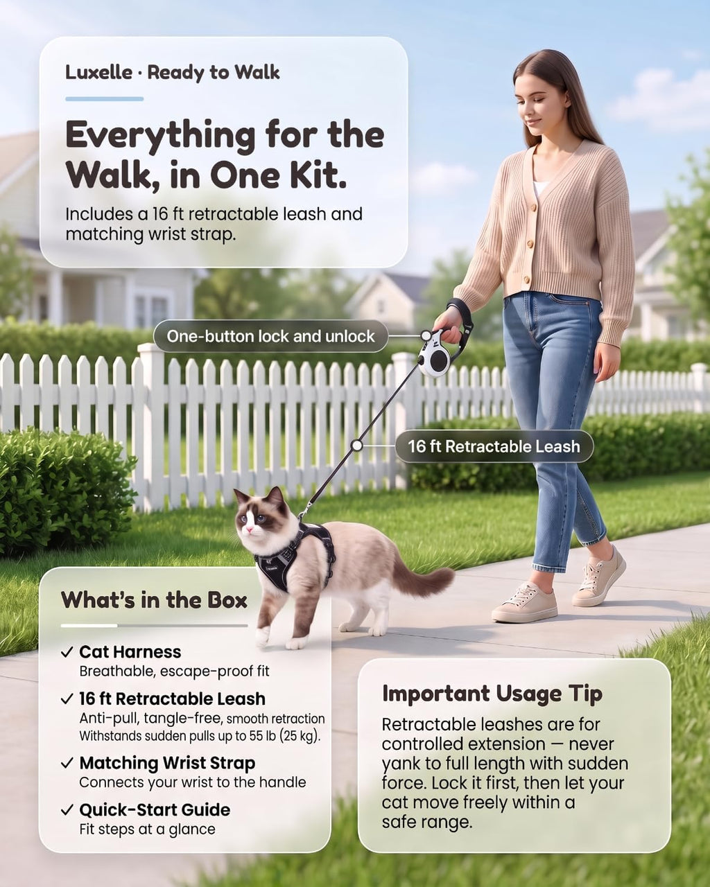 Luxelle Escape Proof Cat Harness with Retractable Leash & Wrist Strap Set