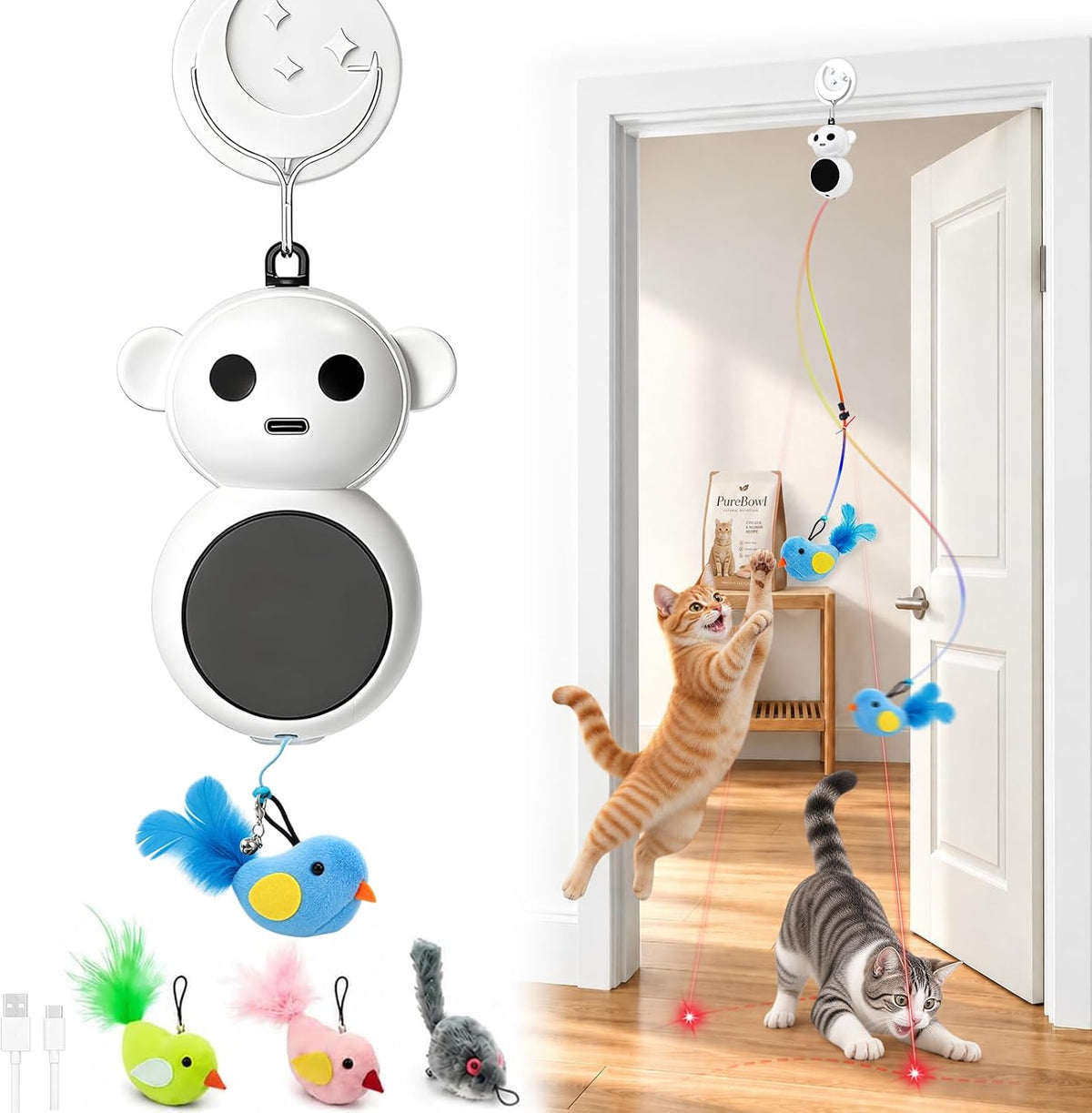 2-in-1 Interactive Laser Pointer Cat Toy & Flying Bird Wand for Indoor Cats