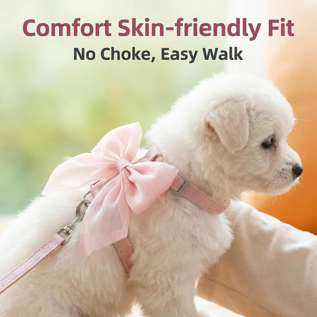 Pink Leash and Bow H-Shaped Design Harness for Small Cats Dogs, Proof Soft Adjustable Vest Easy Control Breathable Harnesses for Small Cats Dogs (M 8-15LBS)