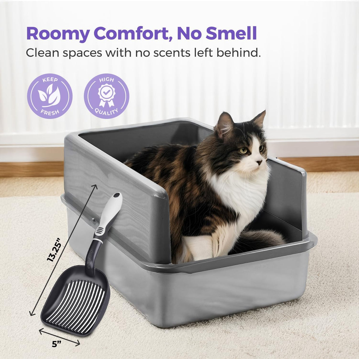 iPrimio Stainless Steel Cat Litter Box Set, XL with Enclosure and Scooper | XL steel box with a detachable enclosure and a matching scooper. High sides keep litter scatter inside the box, not outside.