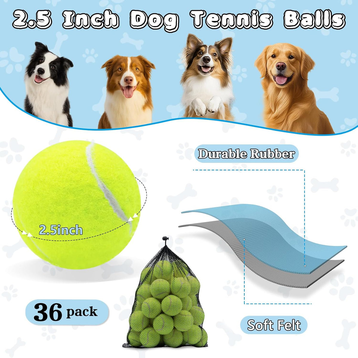 Magicorange Tennis Balls for Dogs,Colorful Easy Catching Dog Balls,36 Pack | Bright Yellow Pet Balls for Dogs,Easy to Spot,Natural Rubber and Soft Felt Gentle on Teeth,Indoor Outdoor Play,with Mesh Bag