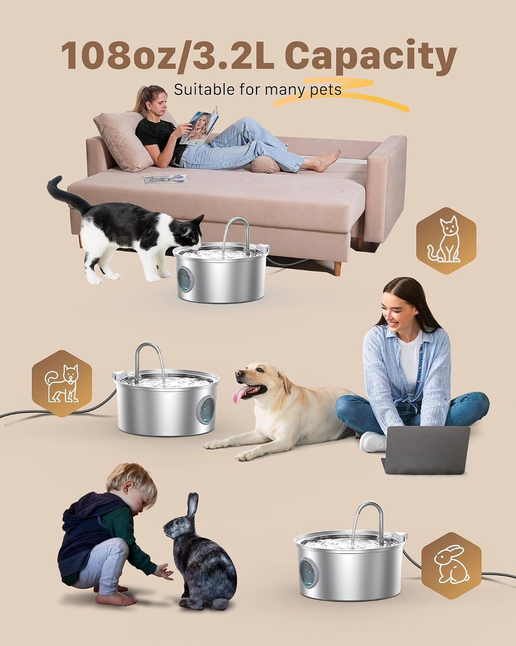 Cat Fountains for Drinking Stainless Steel: 108oz/3.2L Cat Water Fountain