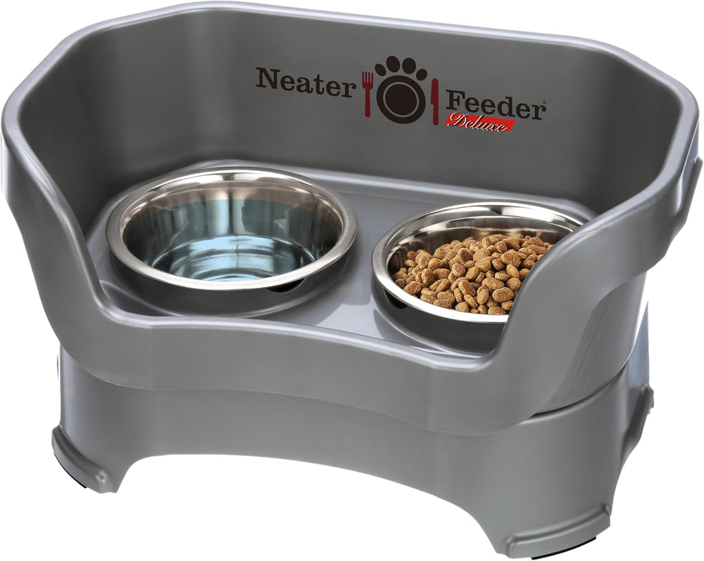 Neater Pet Brands Neater Feeder Deluxe Mess Proof Dog Bowls Elevated for Medium Dogs 19-40 lbs, Made in USA, No Spill Raised Dog Food Bowl Stand Feeding Station, Food and Water Bowl Set, Gunmetal 
