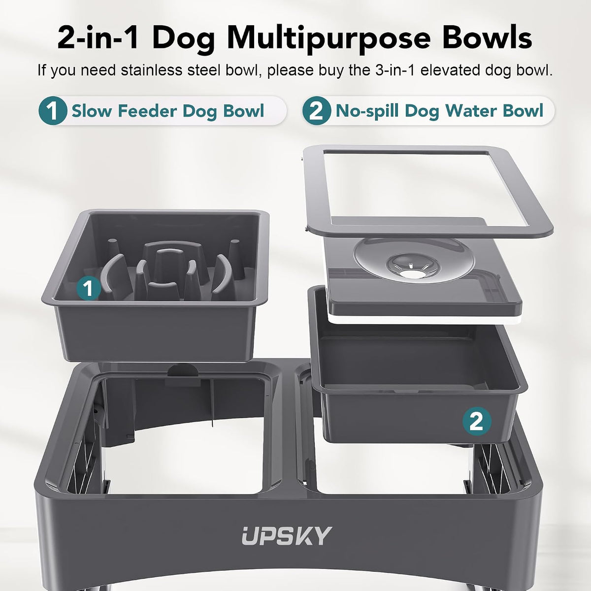 UPSKY 2-in-1 Elevated Dog Bowls Set with 4 Height Adjustable Stand, Gray