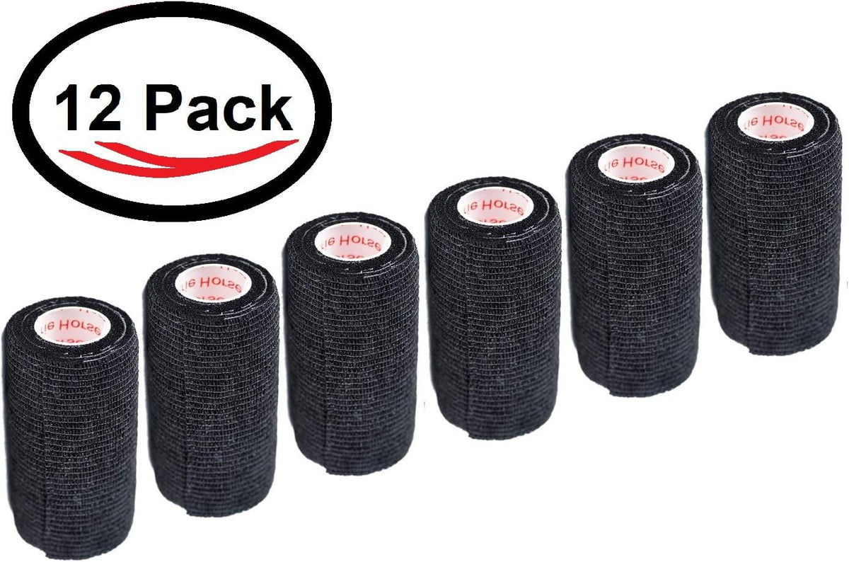 3 Inch Self Adhesive Bandage Wrap - Self-Sticking Vet Wrap - Black, 12 Pack