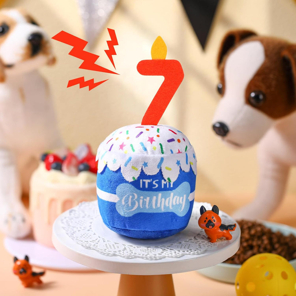 Dansydaisy Dog Birthday Cake Toy Squeaky Plush Gift,7th,Blue | Interactive Squeaky Gift for Dogs, Dog Birthday Decor , Soft Chew for Small Medium Large Pets, Cake Design with Candle