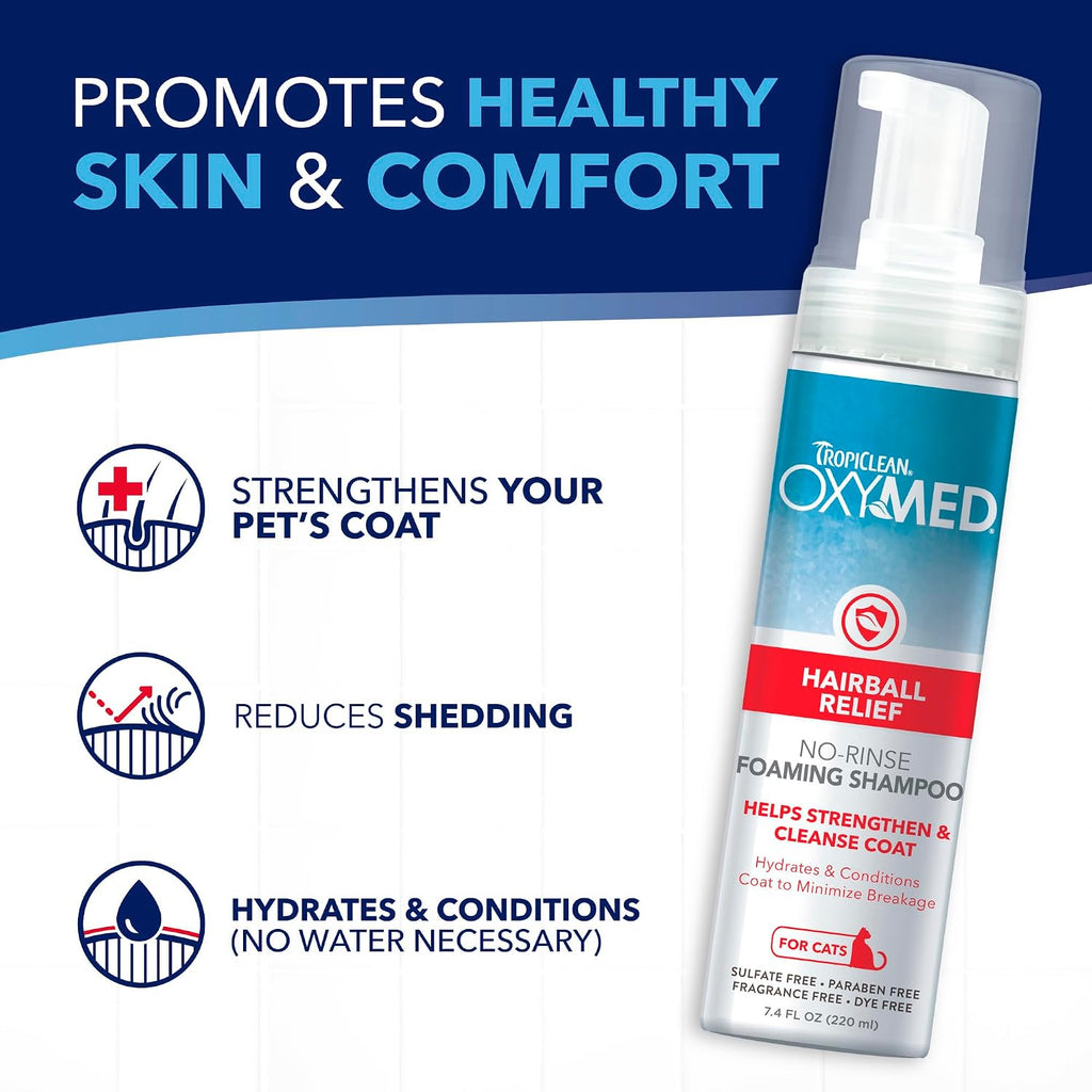 TropiClean OxyMed Waterless Dry Shampoo for Cats, Hairball Relief, 7.4oz