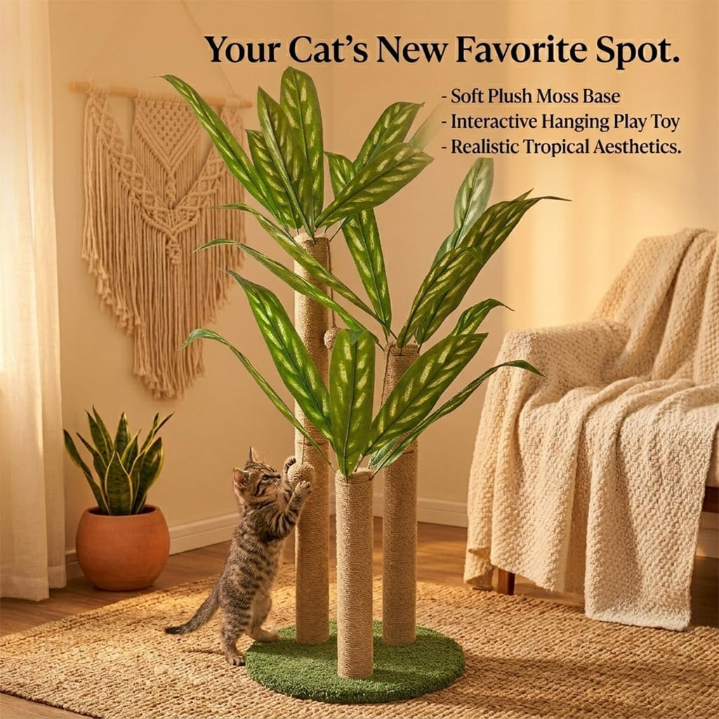 LEMONDA 31.5Inch Cat Scratching Post,Cat Scratcher Tree with 3 Scratching Poles & 2 Interactive Dangling Balls,Cats Scratching Posts for Indoor Kitten & Adult Cats (Calathea Tree)