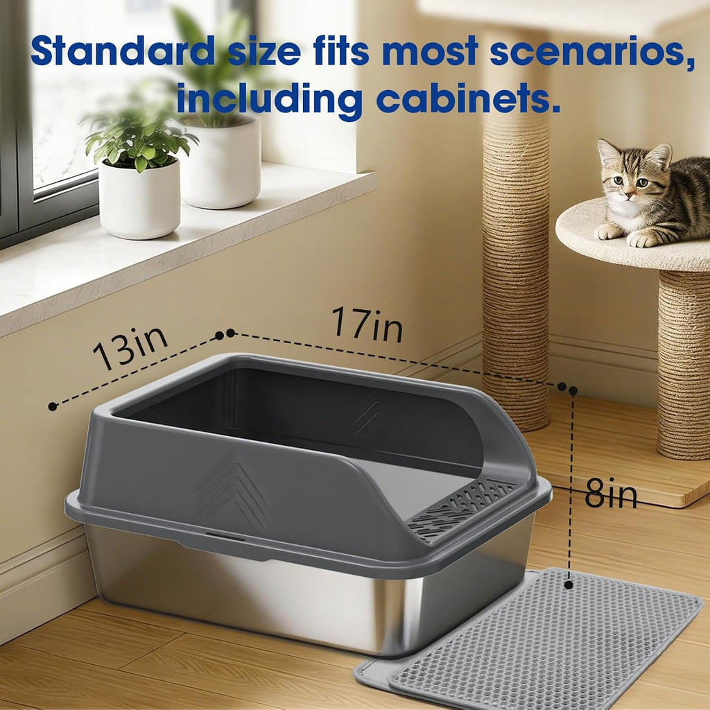 Stainless Steel Litter Box with Lid, Enclosed Metal Cat Litter Box with Built-in Carry Handle & 120° Flip-Top (Dark Gray, Small)