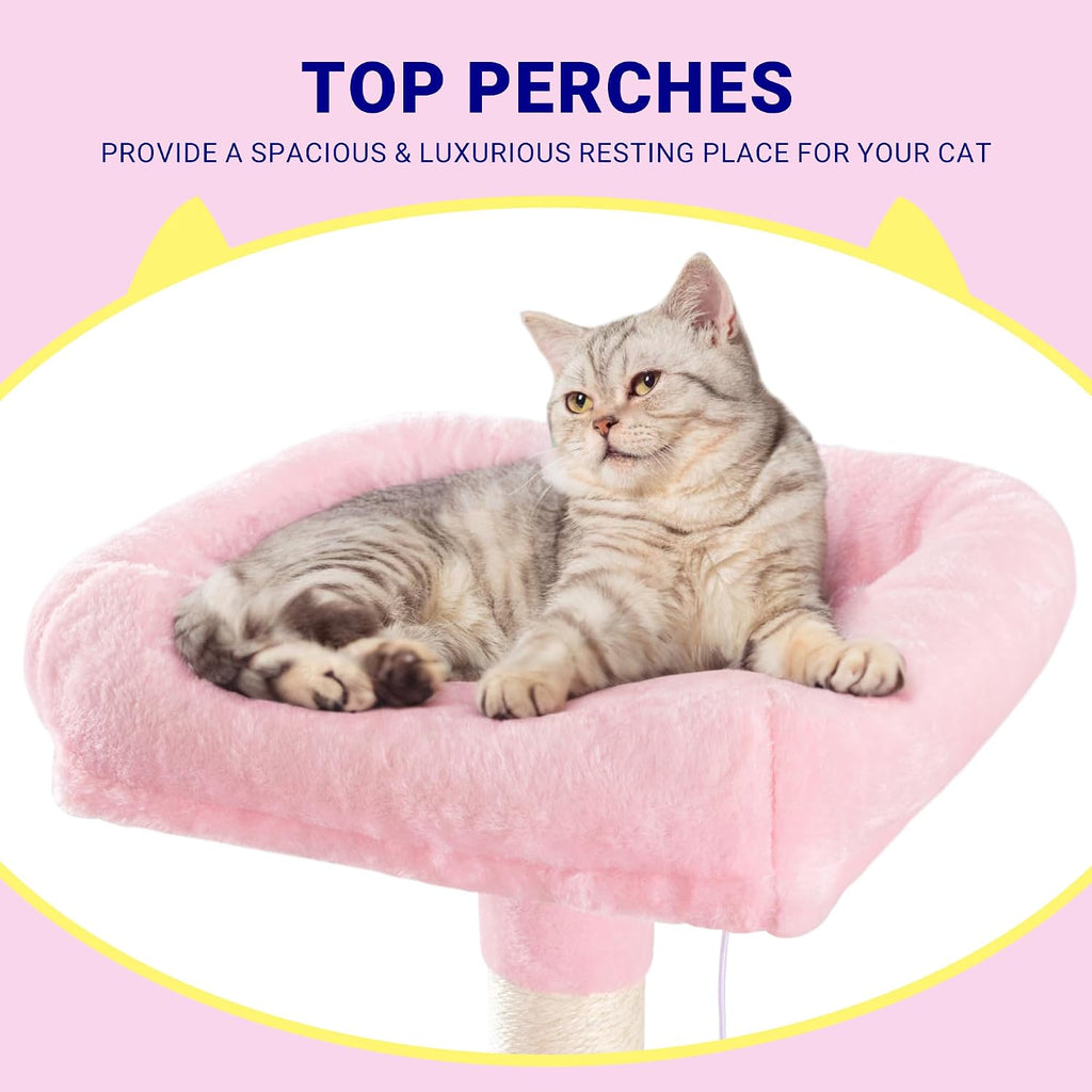 Allewie 73in Fan-Shaped Space-Saving Corner Cat Tower/Multi-Level Tall Cat Tree for Indoor Kitties/Cozy Baskets/Condos/House/Perches/Sisal Scratching Posts/Pet Activity Center/Pink