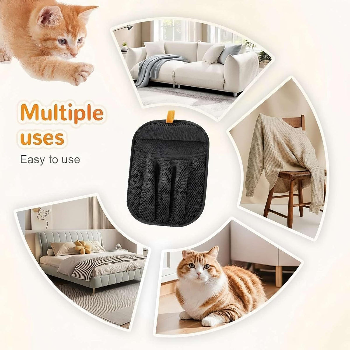 Rainsleep Pet Hair Remover Gloves, Dog Grooming Glove for Shedding, Reusable Deshedding Gloves with Built-in Bath Brush and Flea Comb, for Furniture, Car, Couch, Clothes