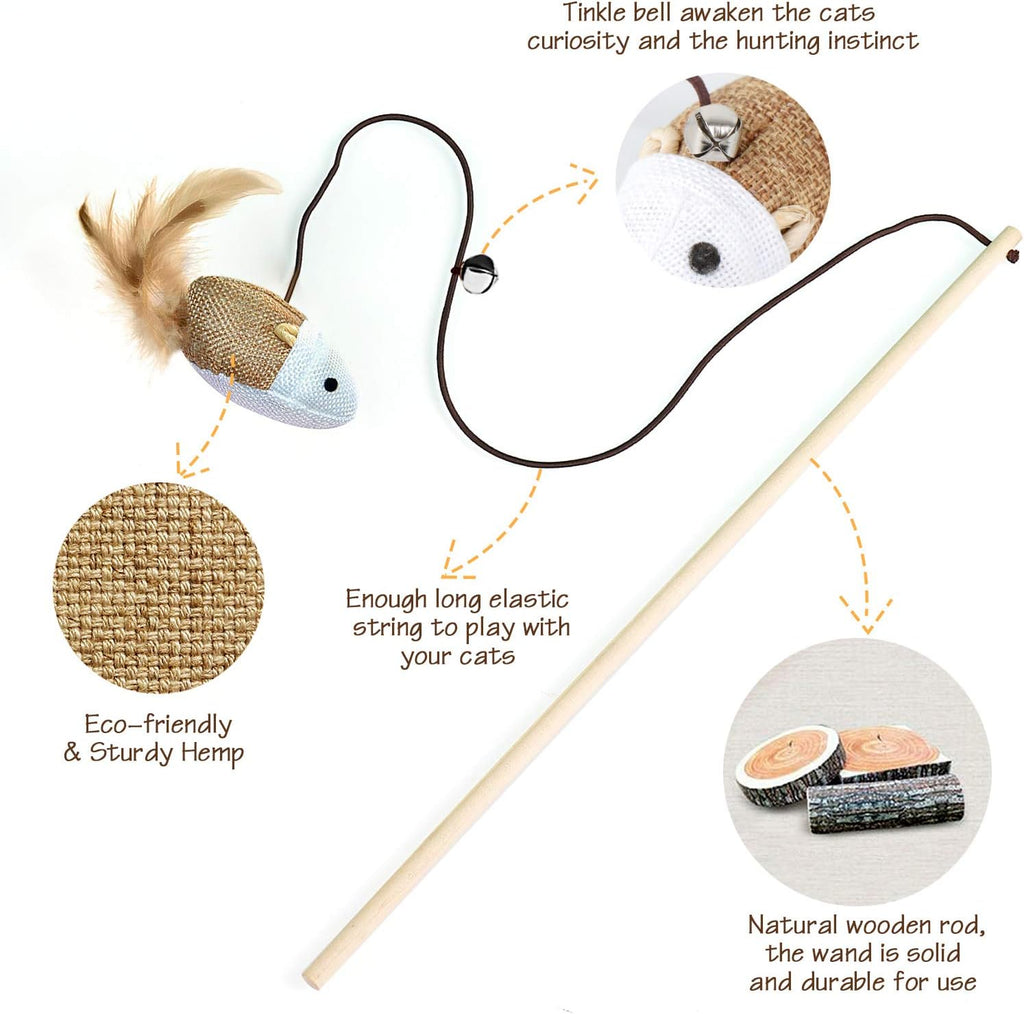 KABB Cat Toys for Indoor Cats, 3pcs 16 Inch Natural Wood Cat Teaser Wand Toy with Teaser Refills for Cat Kitten Having Fun Exerciser Playing, Bonus 5pcs Catnip Sticks for Cat Teeth Cleaning