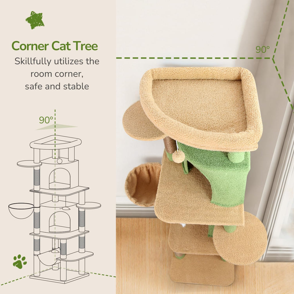 Globlazer 66in Cactus Corner Cat Tree for Indoor Large Cats, C66, Green