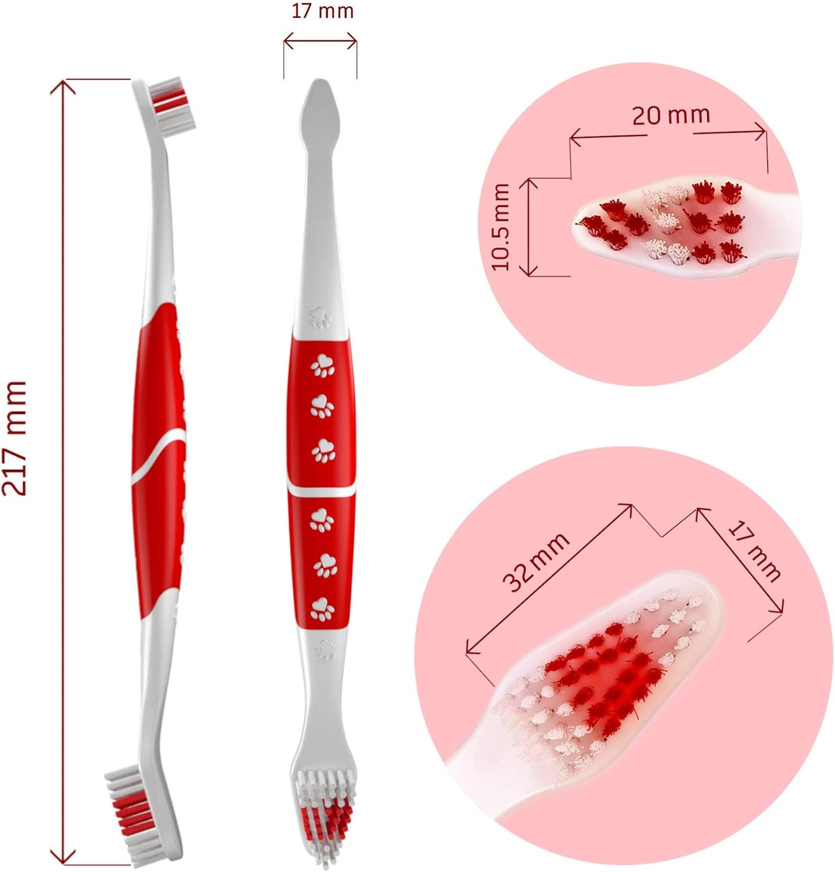 Pet Toothbrush for Dogs, Cats with Soft Bristles - Easy Teeth Cleaning & Dental Care, Non Slip Dual Head Dog Toothbrush for Medium & Large Pets, Toothpaste Not Included, Pack of 4 Red 