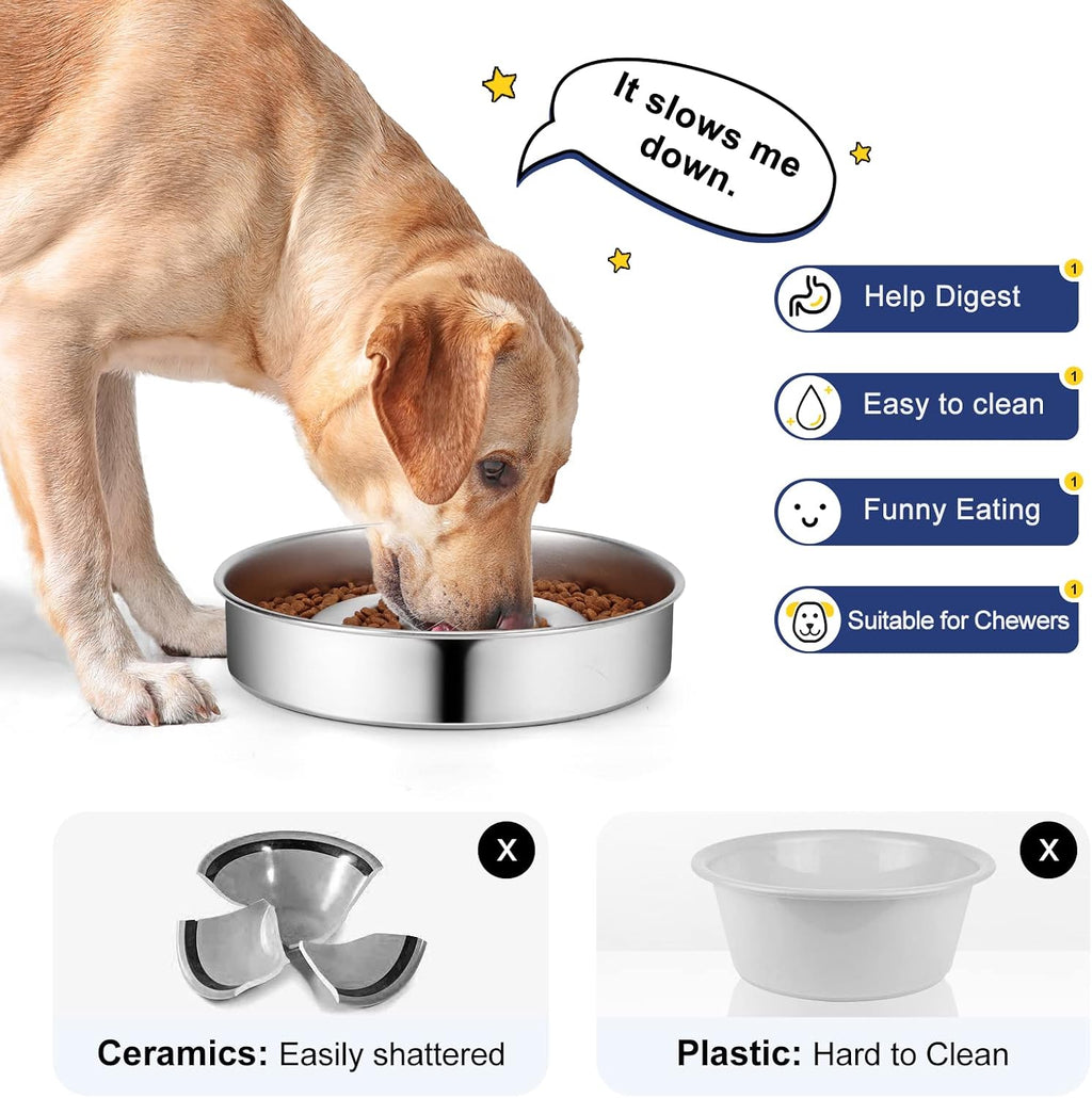 Stainless Steel Slow Feeder Dog Bowl | Metal Dog Food Bowls | 4 Cups for Medium & Large Dogs | Non-Slip Dogs Water Bowl | Fun Bloat Stop Pet Bowl for Fast Eaters | Slows Down Pets Eating