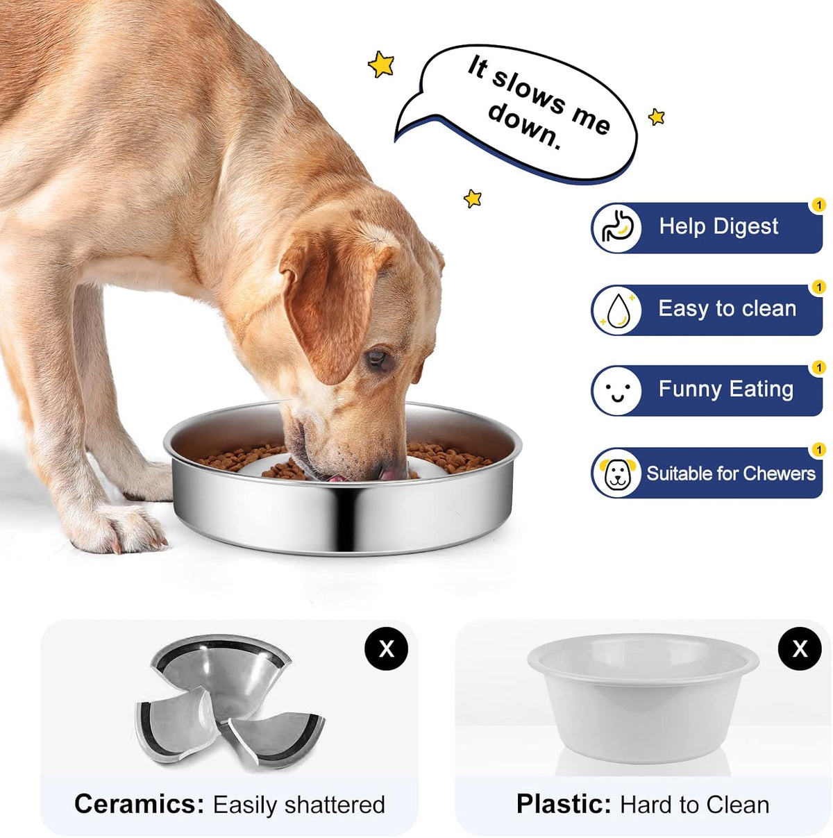 Stainless Steel Slow Feeder Dog Bowl | Metal Dog Food Bowls | 4 Cups for Medium & Large Dogs | Non-Slip Dogs Water Bowl | Fun Bloat Stop Pet Bowl for Fast Eaters | Slows Down Pets Eating