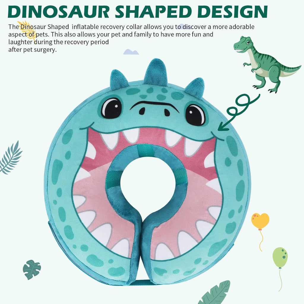 IEUUMLER Inflatable Recovery Dog Collar, Protective Donut Cone, Adjustable Soft Collar for Dog and Cat After Surgery Prevent from Biting & Scratching EU002 - Teal Dinosaur L