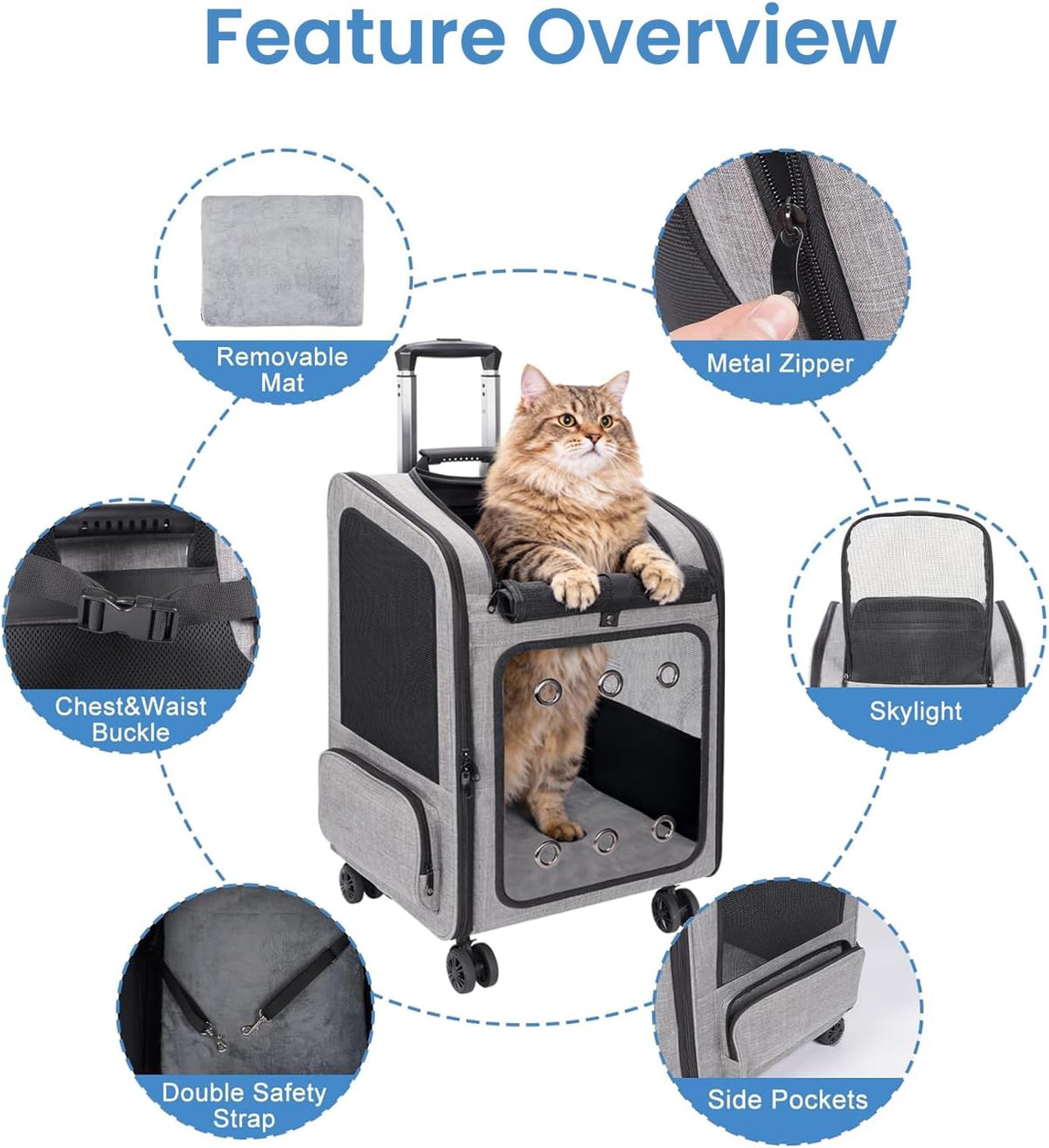 Extra Large Cat Backpack Carrier with Wheels for Cats Under 30 Lbs