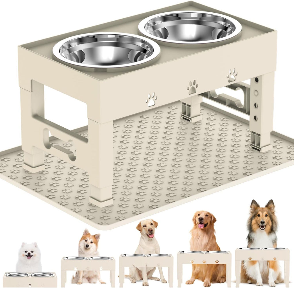 LAKIPETN Elevated Dog Bowls with Mat, Raised Dog Food Bowl Stand with 2 Stainless Steel Bowls, 5 Height Adjustable (3.1", 9", 10", 11", 12") Non-Slip Feeder Set for Medium and Large Dogs – Apricot